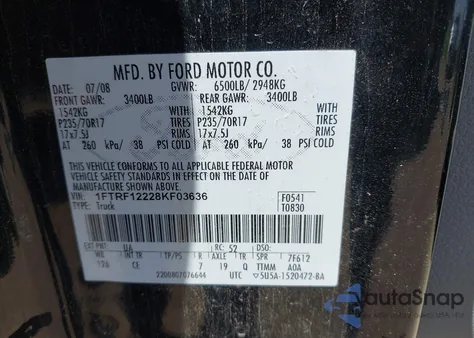 2008 Ford F-150 Stx/Xl/Xlt из США, поврежденный, VIN 1FTRF12228KF03636